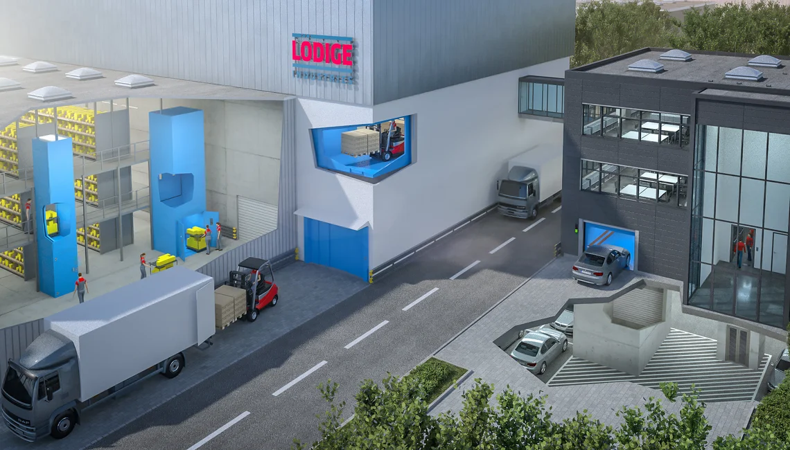 animated image of Lodige warehouse and a lorry outside with a forklift loading packages onto the back of it